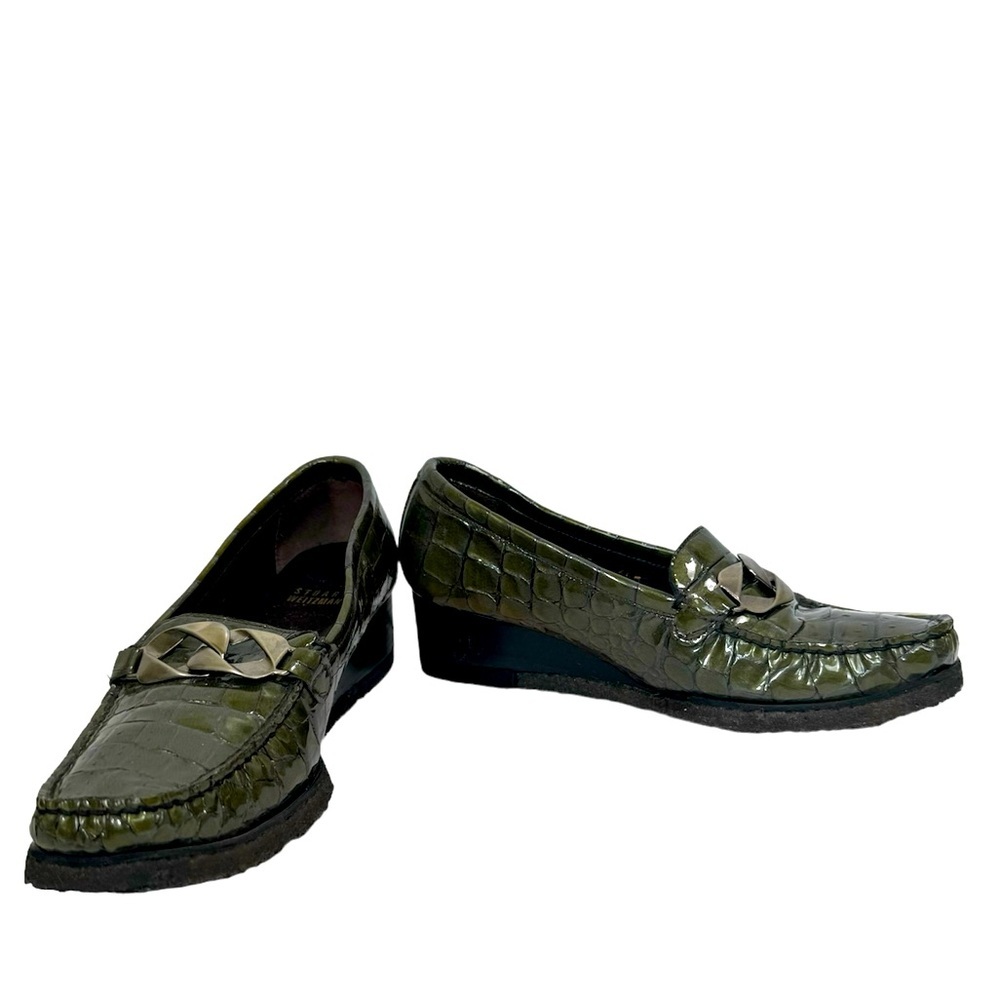 Stuart Weitzman Chain Leather Croc Embossed Loafer Wedge Driving Shoes Green 6.5